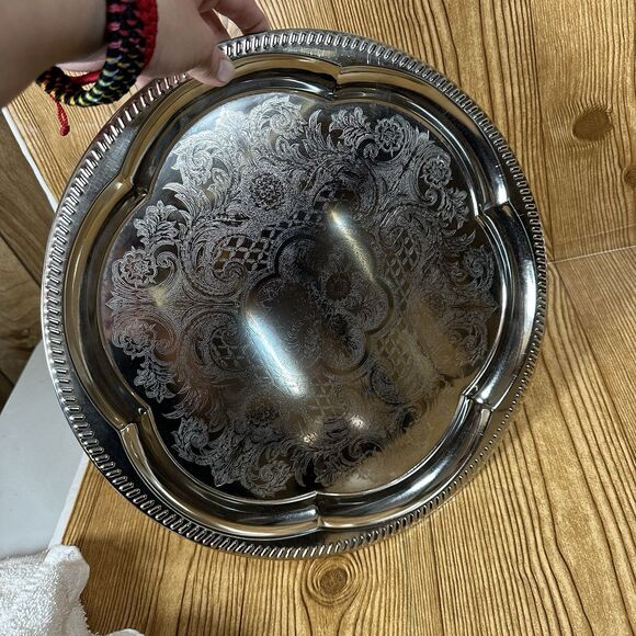 Vintage Finest Nickel Plated Tinplate Serving Platter Tarnish Proof‎ Floral 14” - Picture 3 of 11